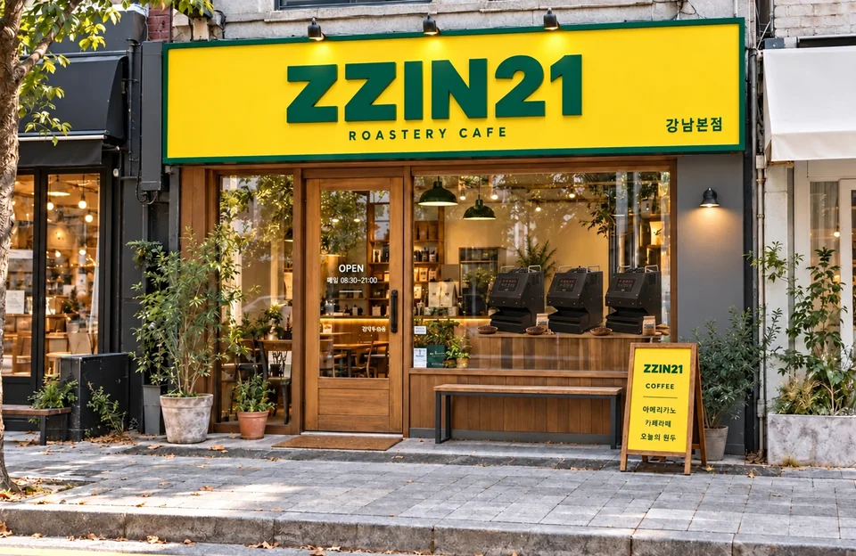 노란 ZZIN21 간판이 있는 찐카페 가상 매장